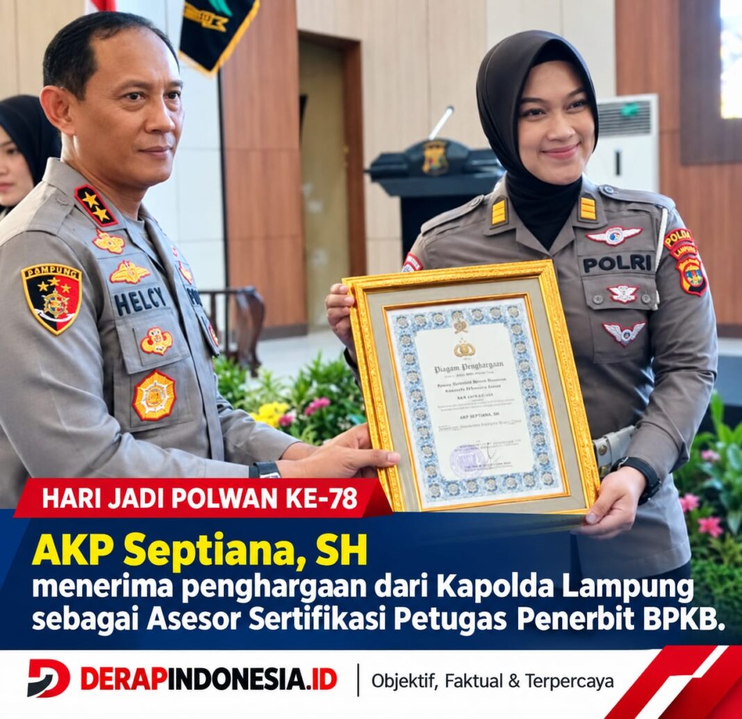 AKP Septiana,S.H, Polwan Polda Lampung Raih Penghargaan Assesor Sertifikasi Petugas Penerbit BPKB.
