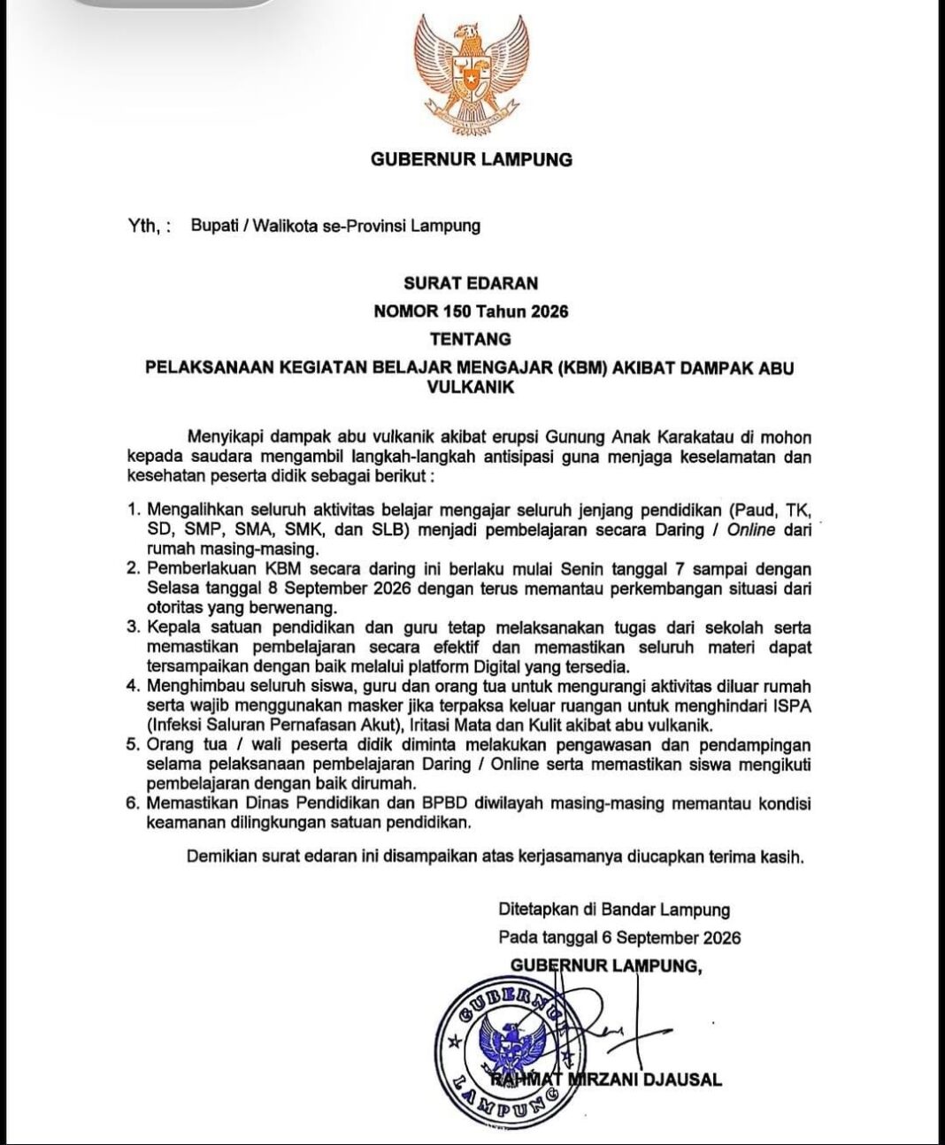 Dampak Abu Vulkanik, Gubernur Lampung Terbitkan SE, Terapkan KBM Secara Daring